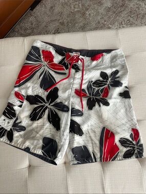 Mossimo Supply Co. White Floral Hybrid Swim Shorts with Black & Red Accents